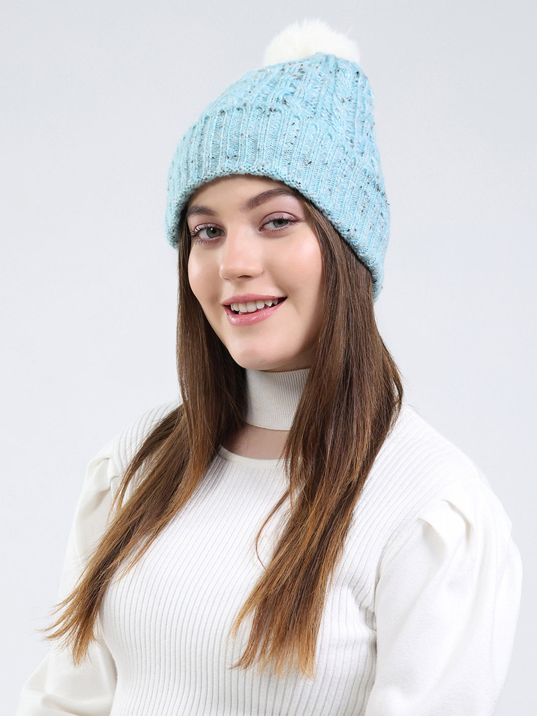 Women Blue Self Design Blend Wool Cap