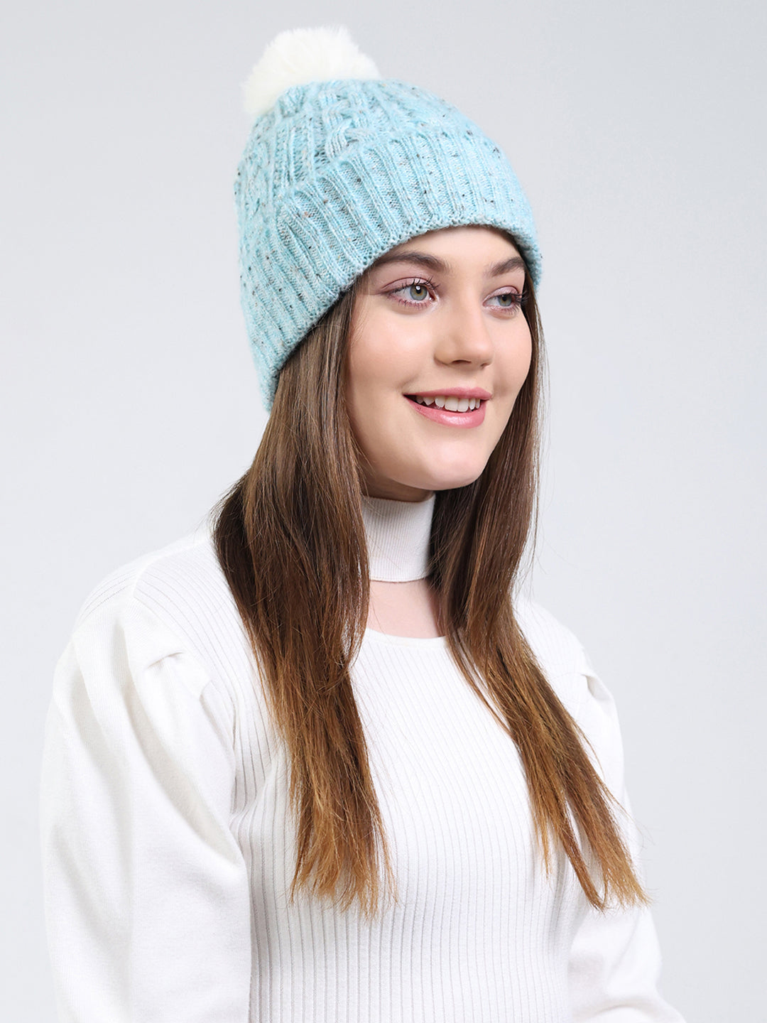 Women Blue Self Design Blend Wool Cap