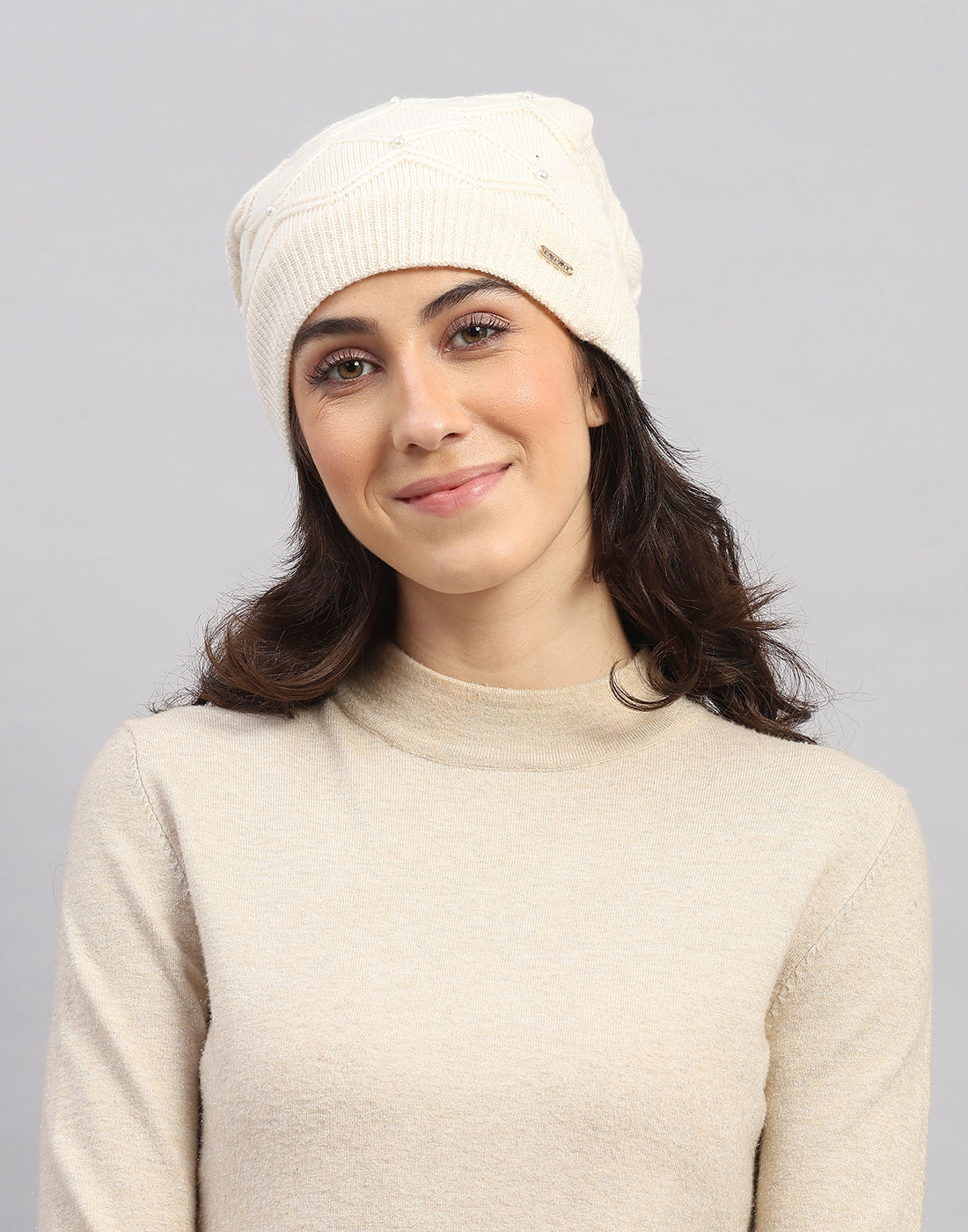 Women Off White Printed Blend Wool Cap
