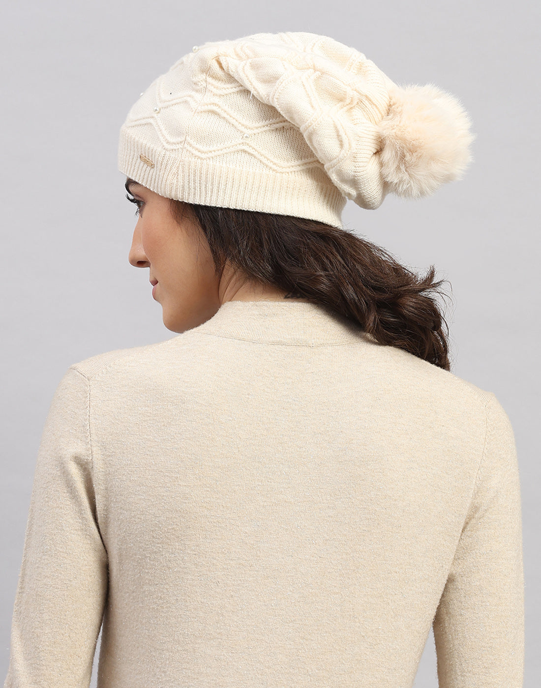 Women Off White Printed Blend Wool Cap