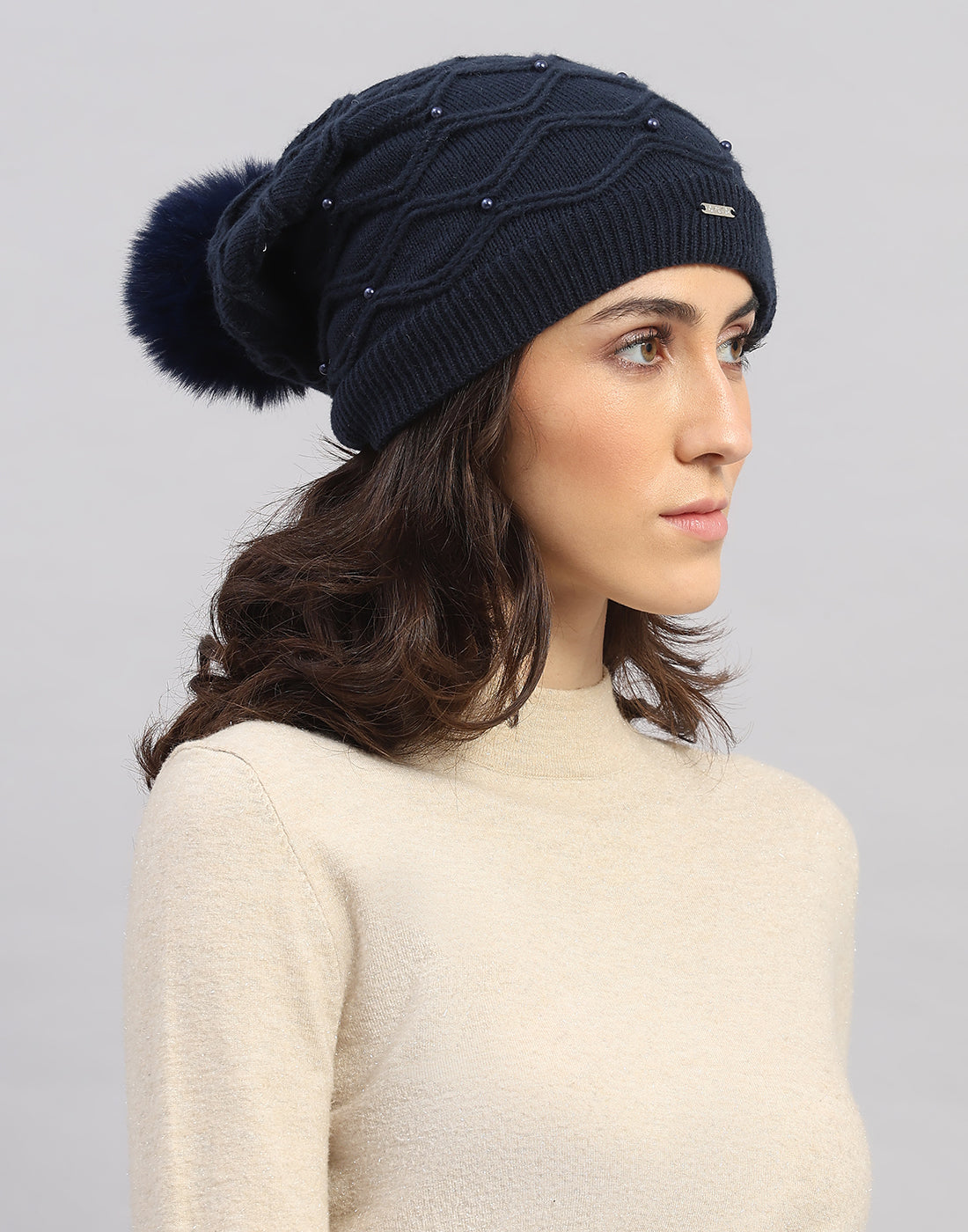 Women Navy Blue Printed Blend Wool Cap