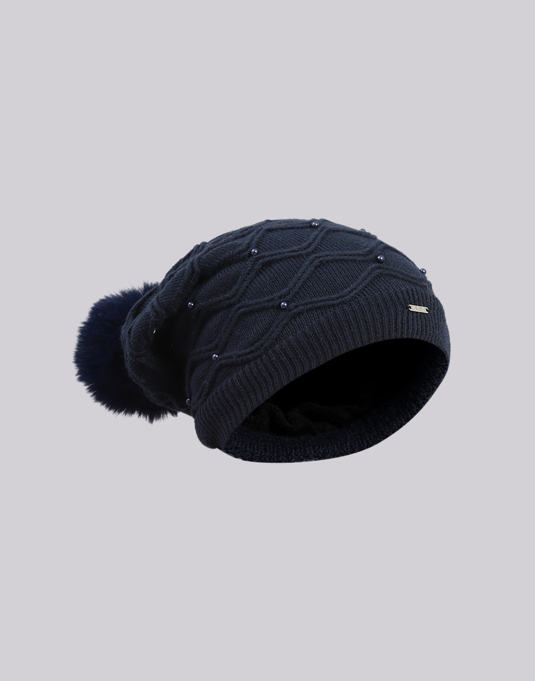 Women Navy Blue Printed Blend Wool Cap