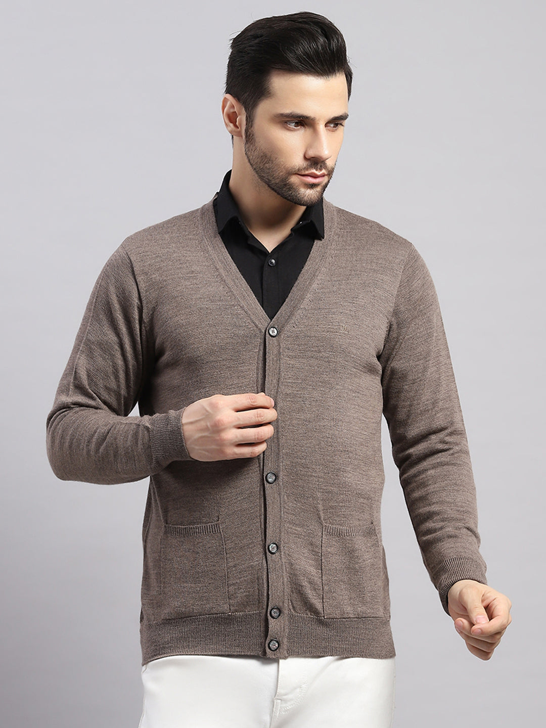 Luxuria Men Brown Solid V Neck Full Sleeve Cardigan