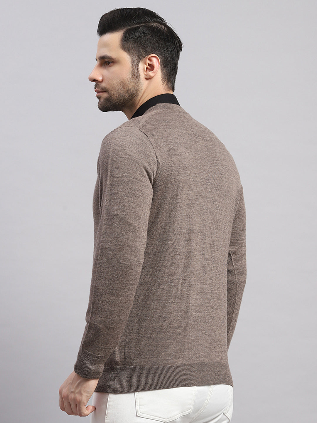 Luxuria Men Brown Solid V Neck Full Sleeve Cardigan