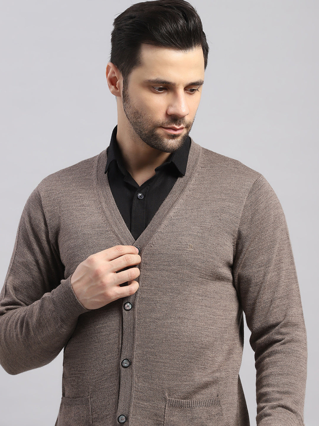 Luxuria Men Brown Solid V Neck Full Sleeve Cardigan