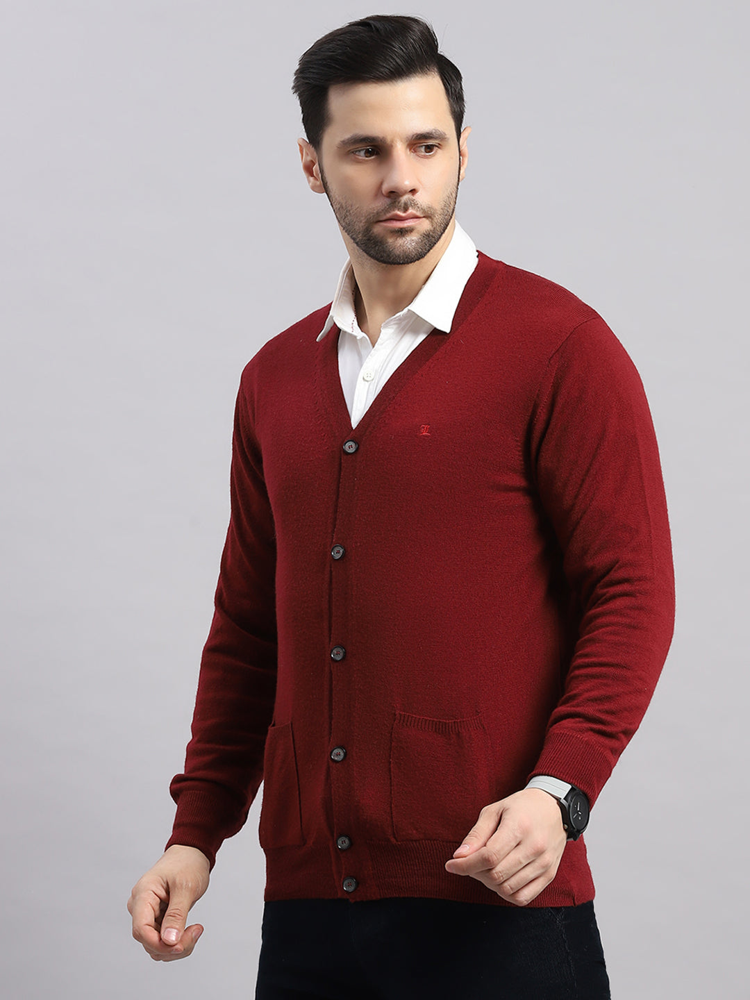 Luxuria Men Maroon Solid V Neck Full Sleeve Cardigan