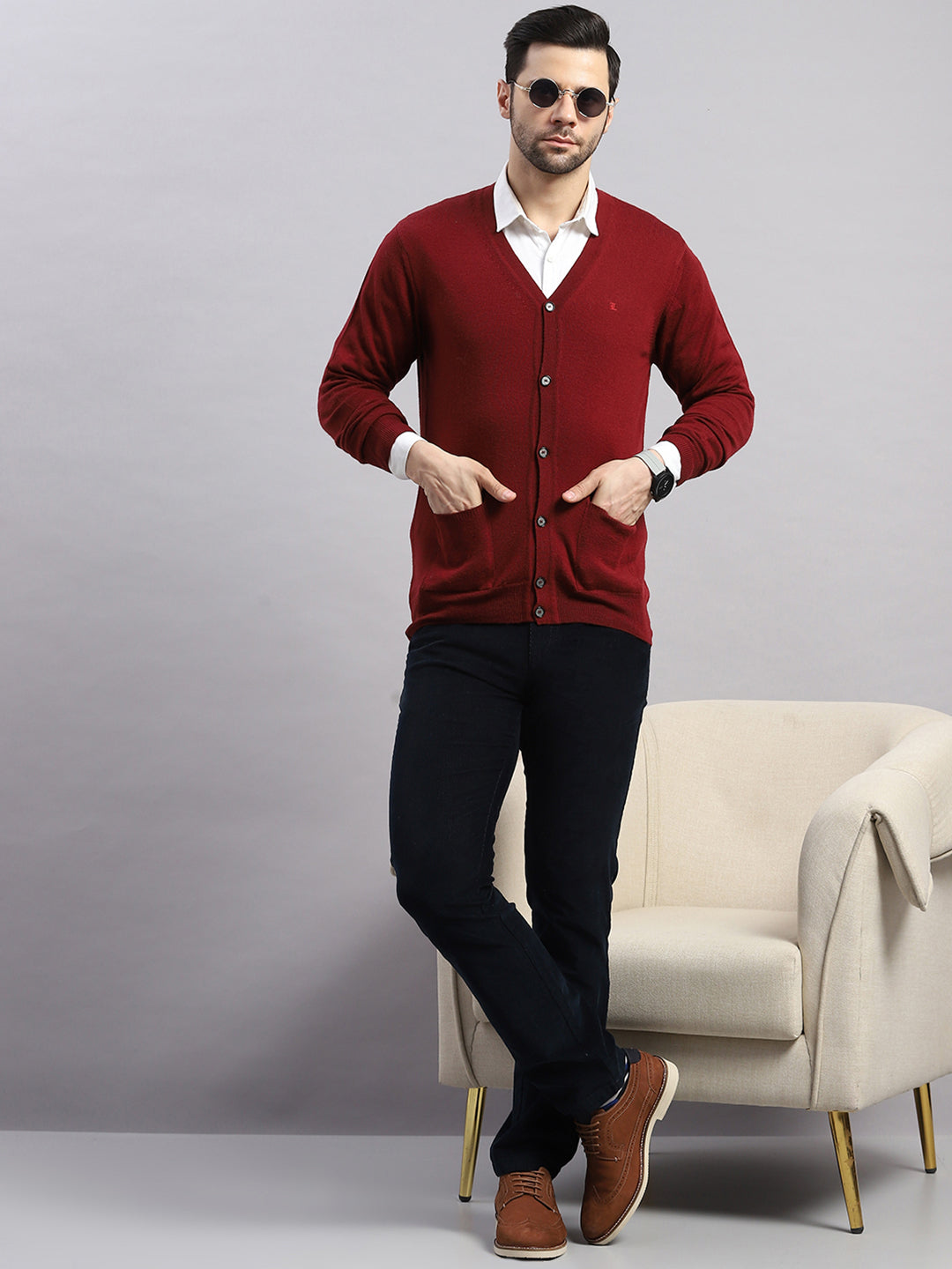 Luxuria Men Maroon Solid V Neck Full Sleeve Cardigan