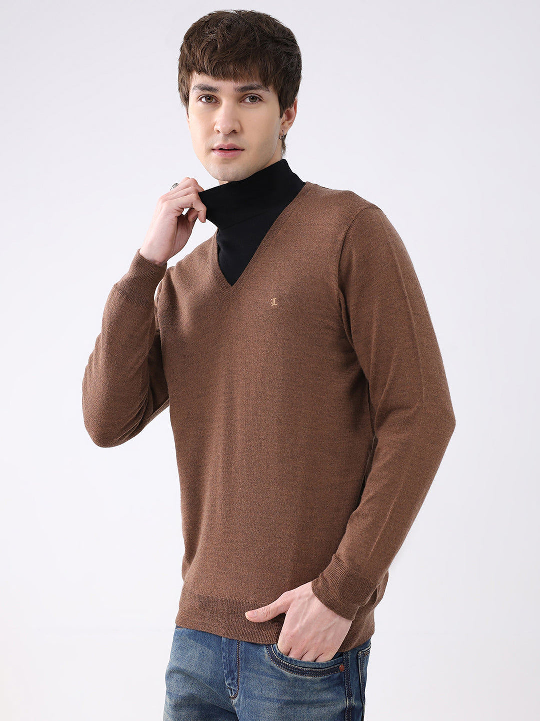 Luxuria Men Brown Solid V Neck Full Sleeve Pullover