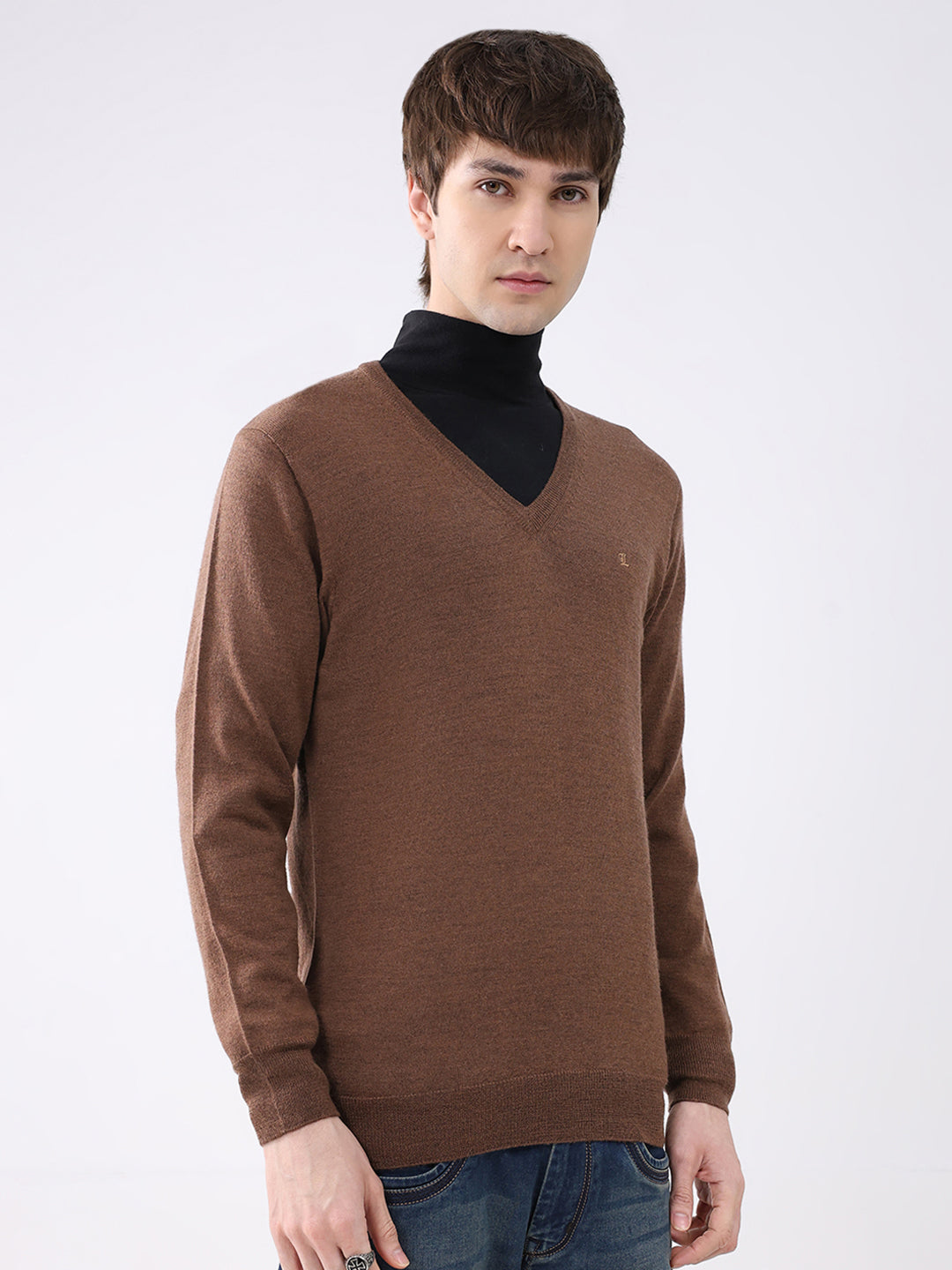 Luxuria Men Brown Solid V Neck Full Sleeve Pullover