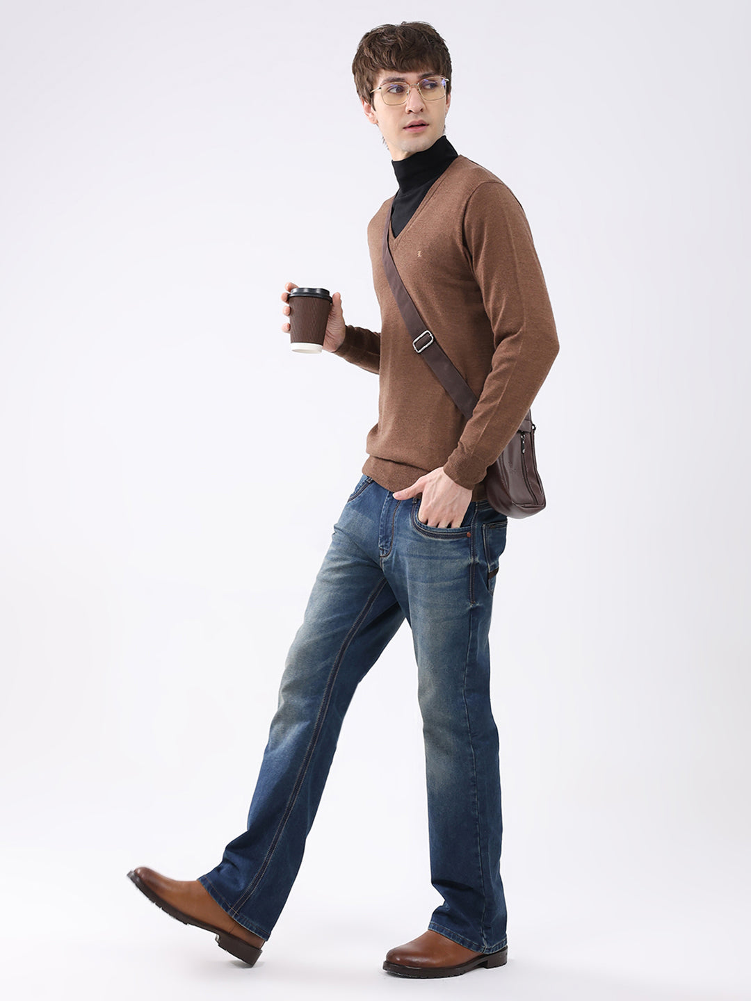 Luxuria Men Brown Solid V Neck Full Sleeve Pullover