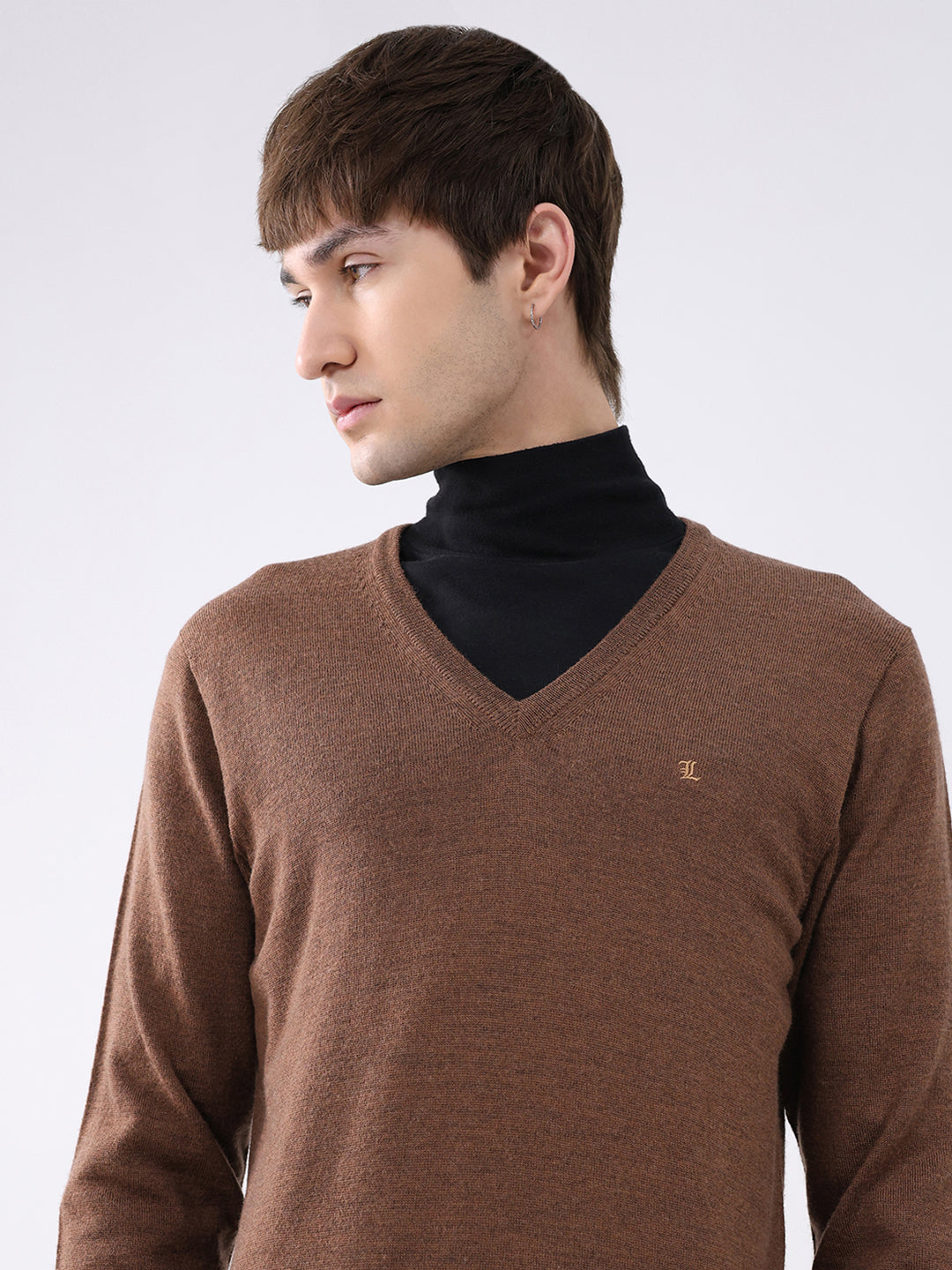 Luxuria Men Brown Solid V Neck Full Sleeve Pullover