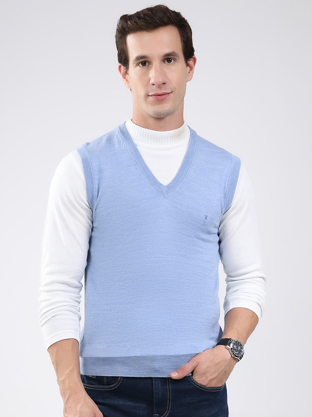Luxuria Men Blue Solid V Neck Sleeveless Sweater