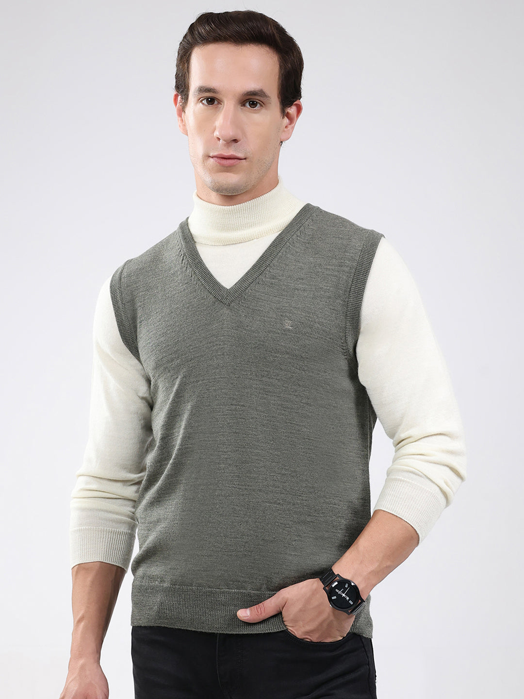 Luxuria Men Grey Solid V Neck Sleeveless Sweater