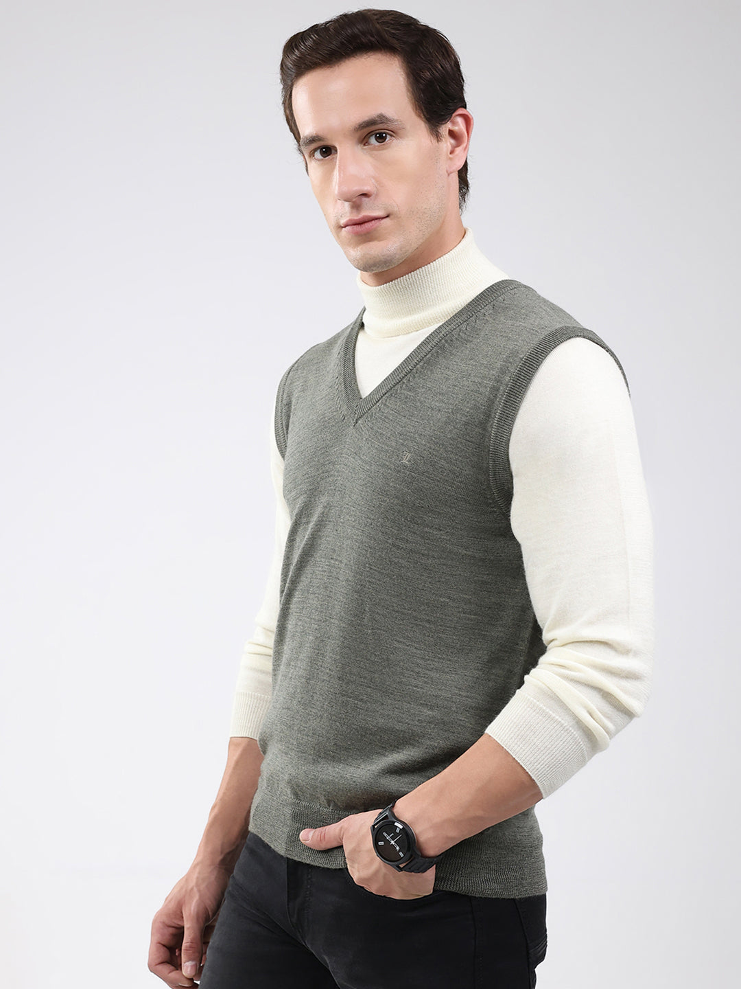 Luxuria Men Grey Solid V Neck Sleeveless Sweater