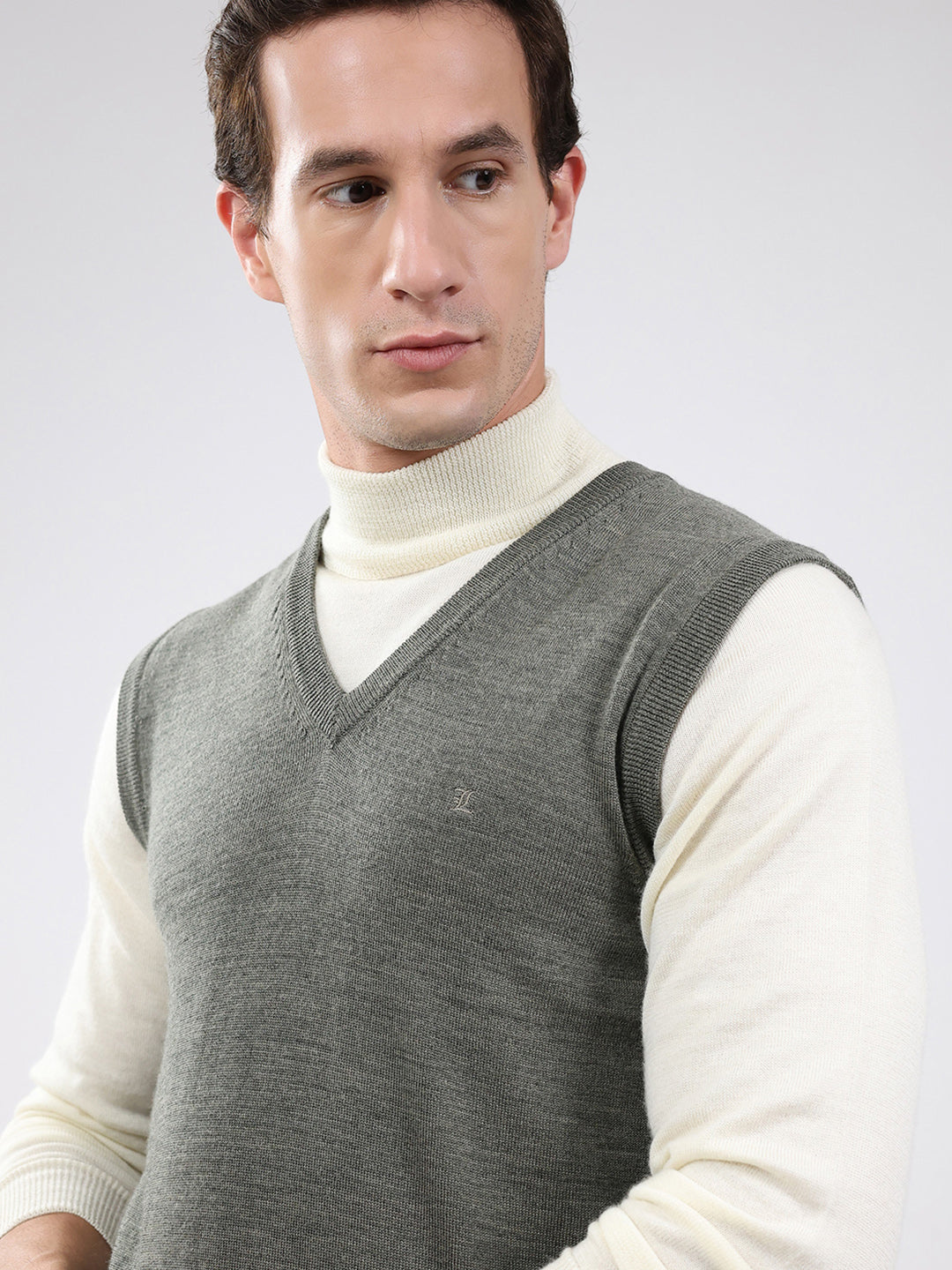 Luxuria Men Grey Solid V Neck Sleeveless Sweater