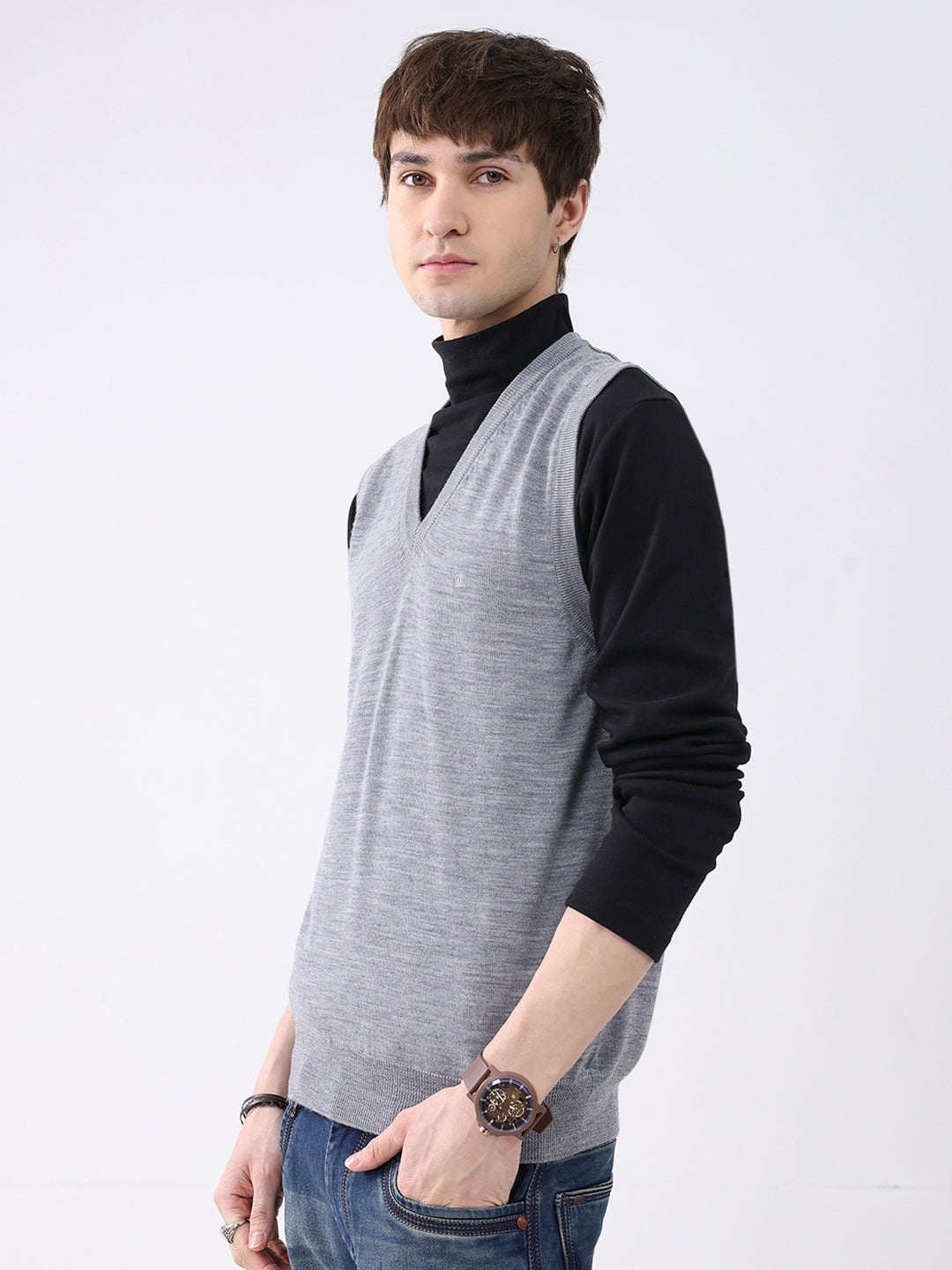 Luxuria Men Grey Solid V Neck Sleeveless Sweater