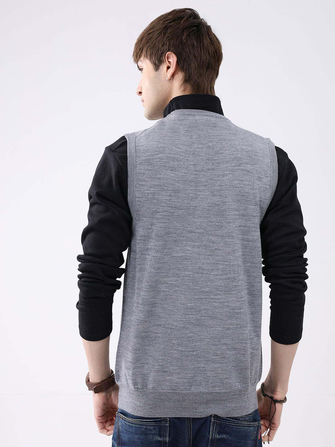 Luxuria Men Grey Solid V Neck Sleeveless Sweater