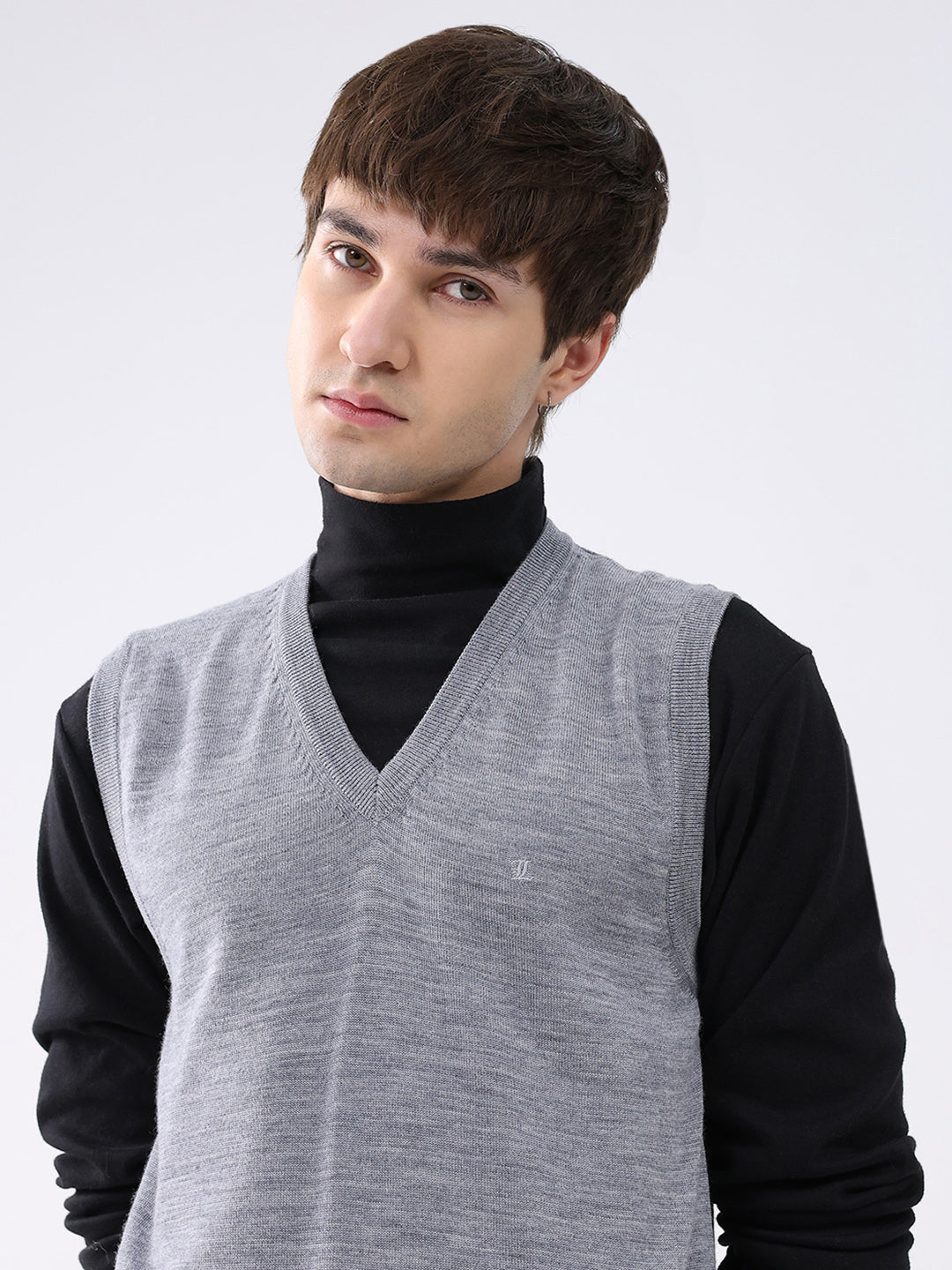 Luxuria Men Grey Solid V Neck Sleeveless Sweater