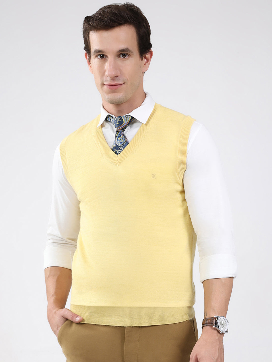 Luxuria Men Yellow Solid V Neck Sleeveless Sweater