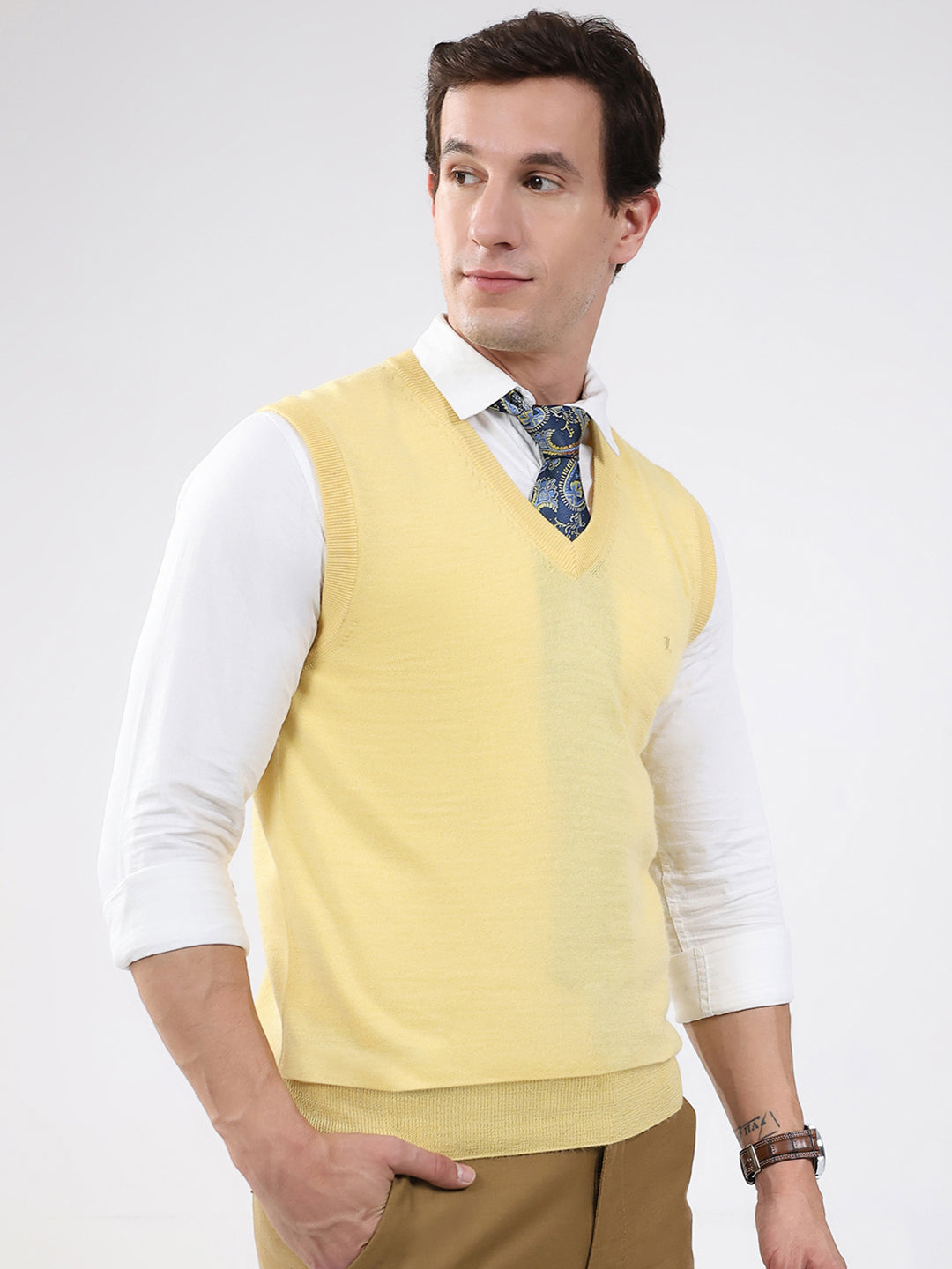 Luxuria Men Yellow Solid V Neck Sleeveless Sweater