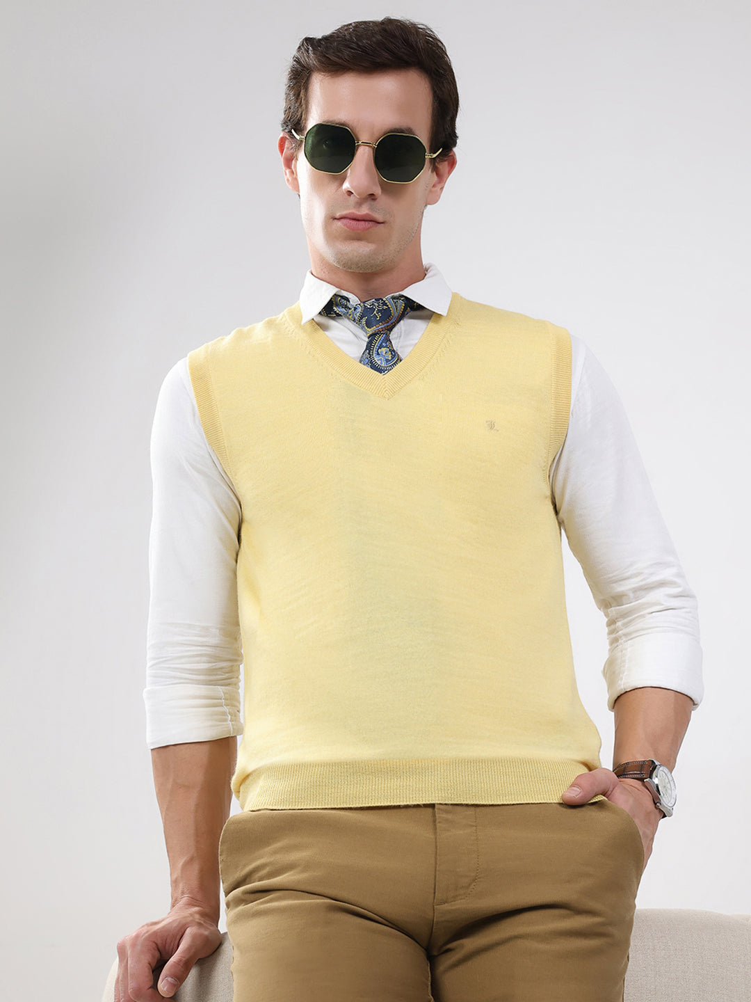 Luxuria Men Yellow Solid V Neck Sleeveless Sweater