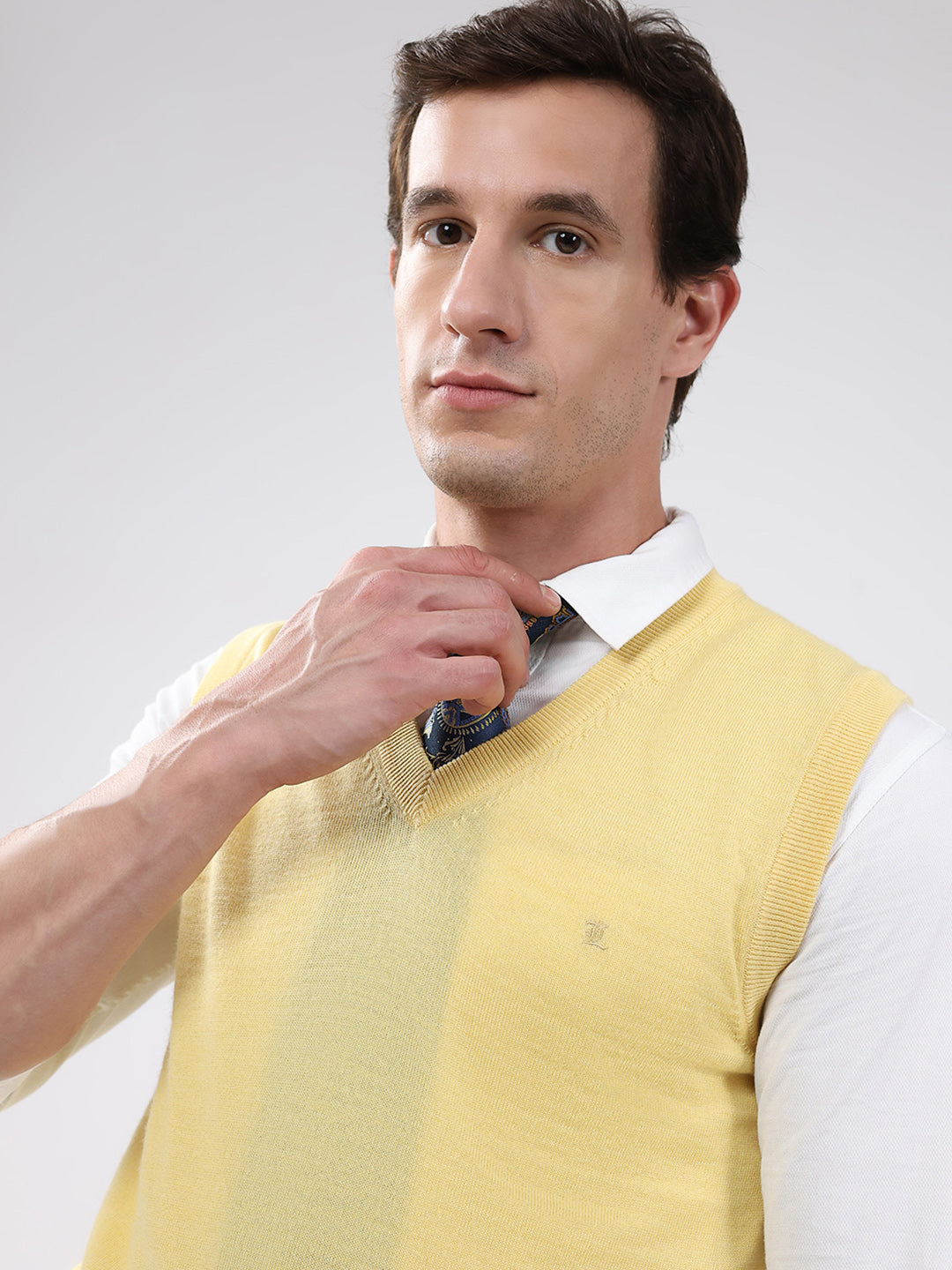 Luxuria Men Yellow Solid V Neck Sleeveless Sweater