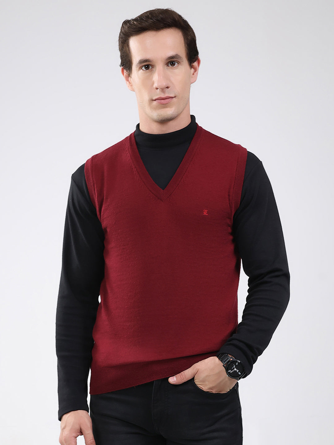 Luxuria Men Maroon Solid V Neck Sleeveless Sweater