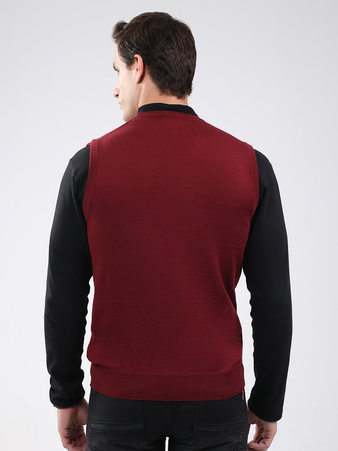 Luxuria Men Maroon Solid V Neck Sleeveless Sweater