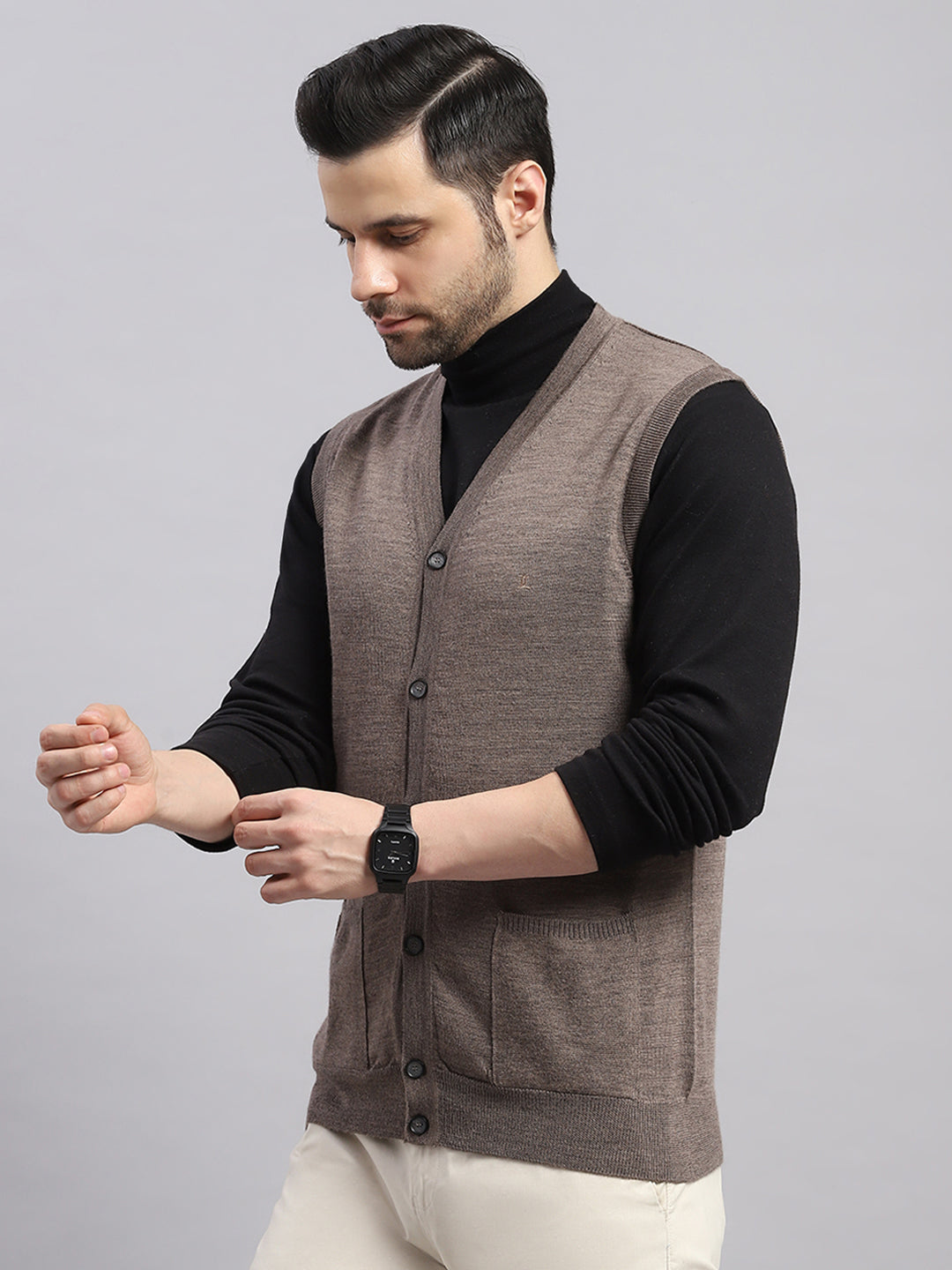 Luxuria Men Brown Solid V Neck Sleeveless Cardigan