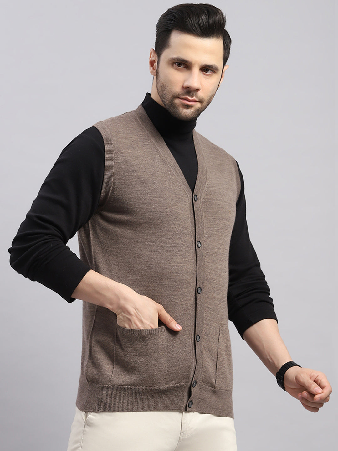 Luxuria Men Brown Solid V Neck Sleeveless Cardigan