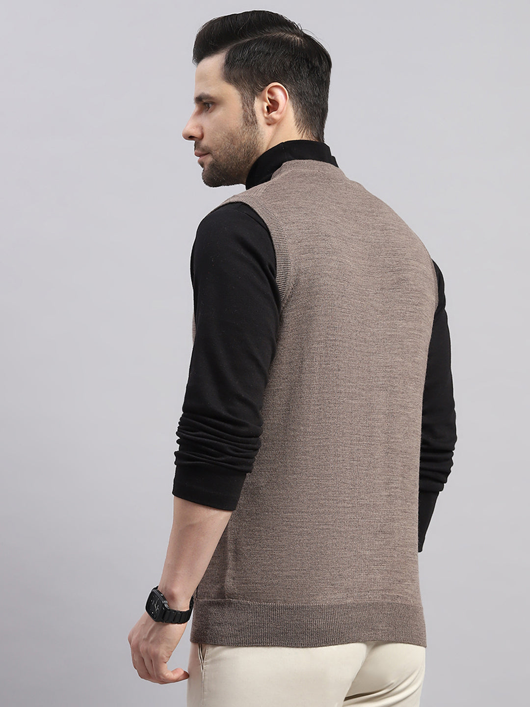 Luxuria Men Brown Solid V Neck Sleeveless Cardigan