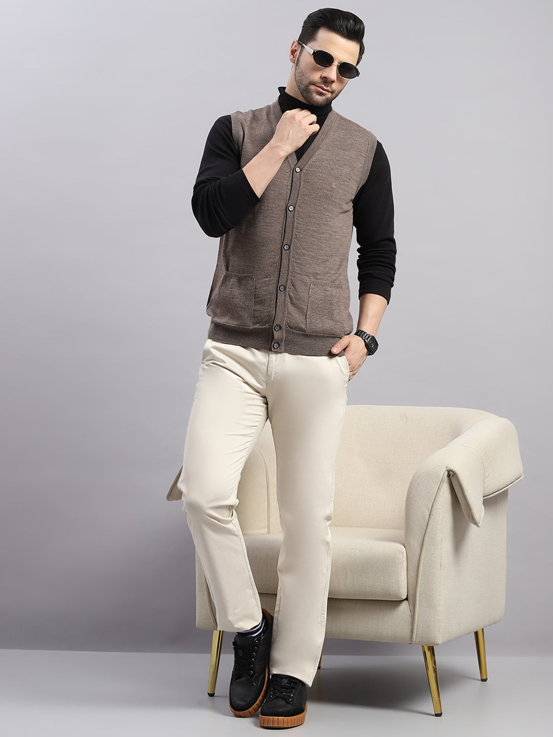 Luxuria Men Brown Solid V Neck Sleeveless Cardigan