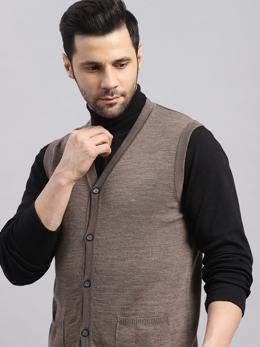Luxuria Men Brown Solid V Neck Sleeveless Cardigan