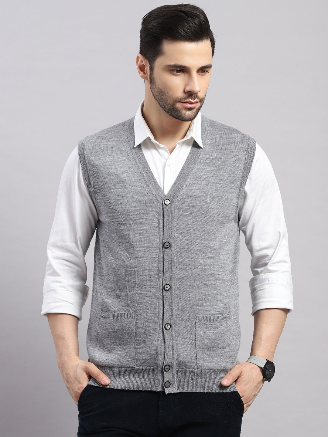 Luxuria Men Grey Melange Solid V Neck Sleeveless Cardigan