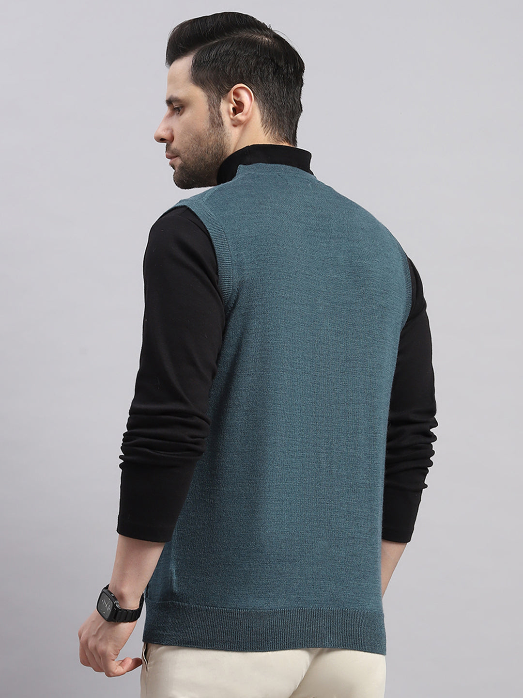 Luxuria Men Teal Blue Solid V Neck Sleeveless Cardigan