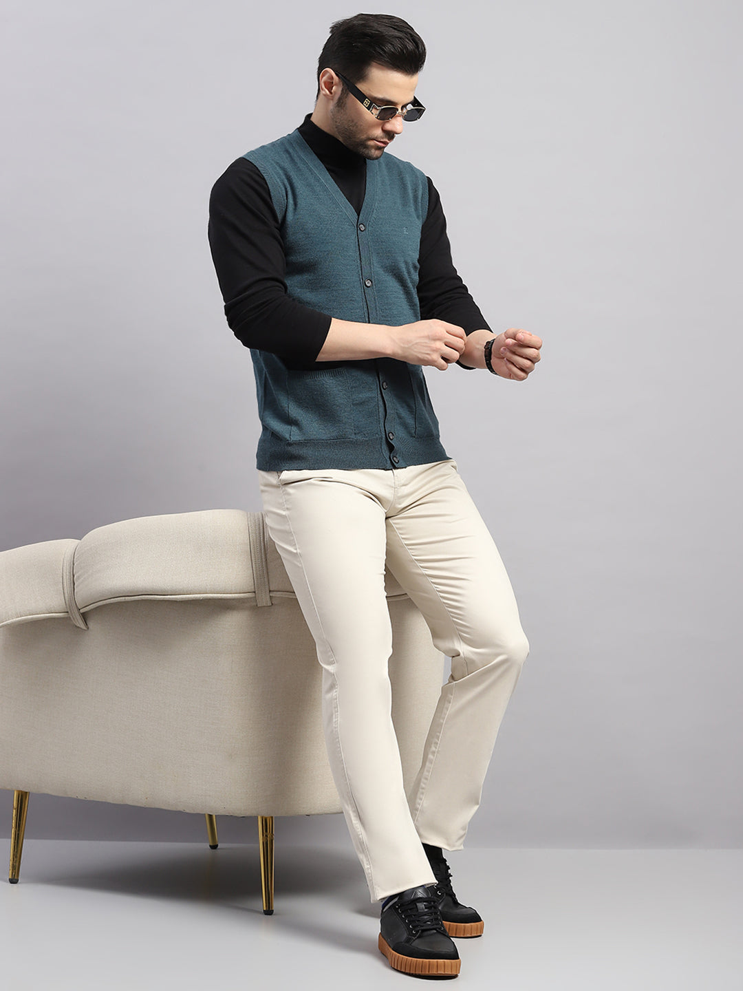 Luxuria Men Teal Blue Solid V Neck Sleeveless Cardigan