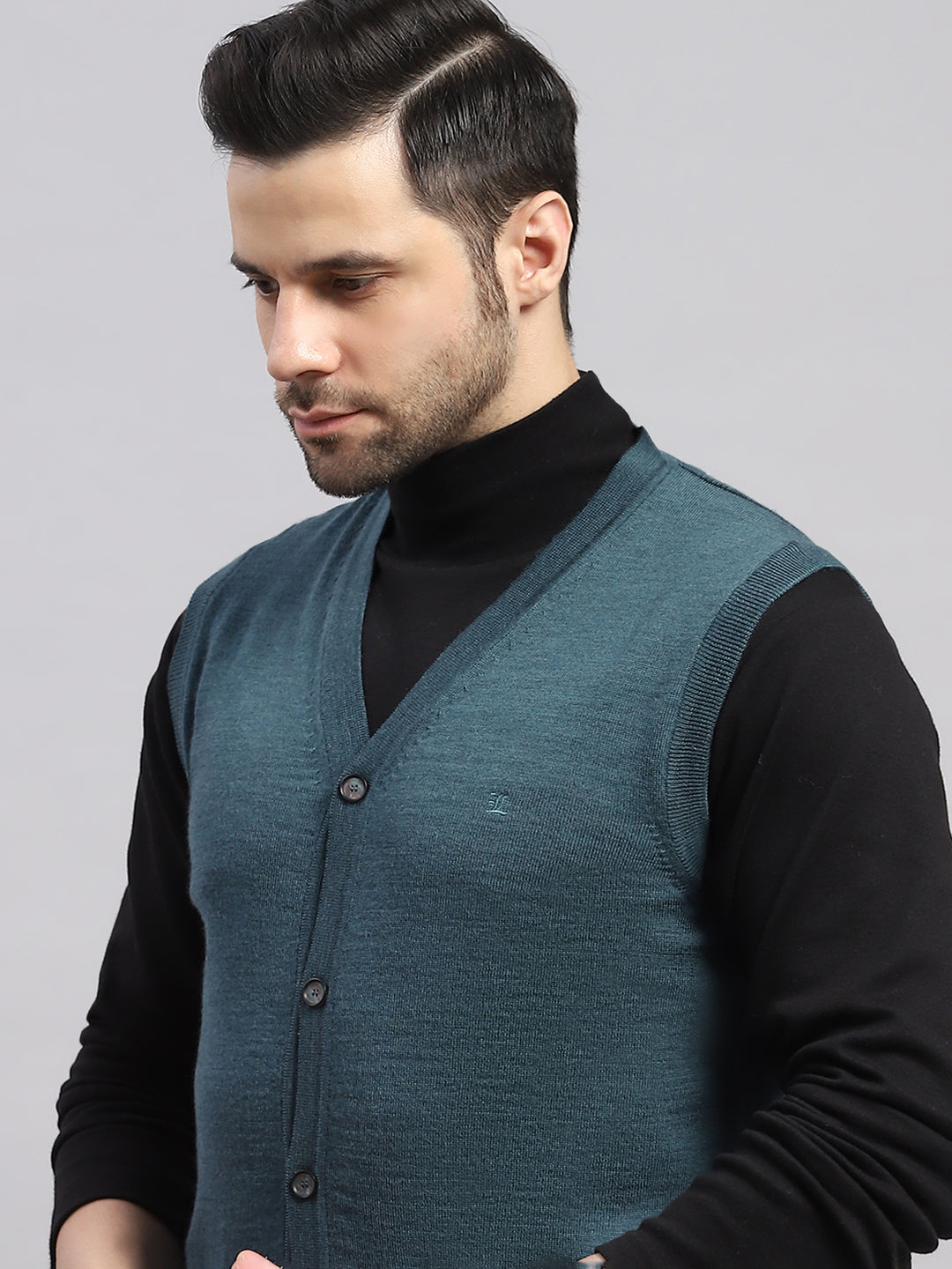 Luxuria Men Teal Blue Solid V Neck Sleeveless Cardigan