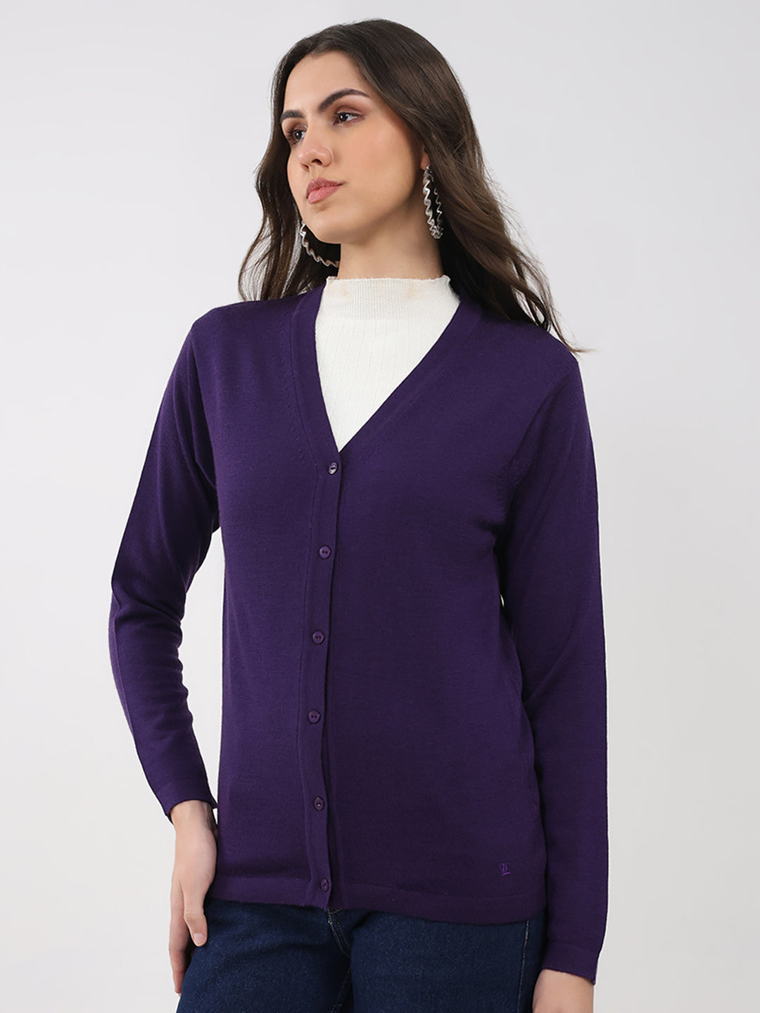 Luxuria Women Purple Solid V Neck Full Sleeve Cardigan