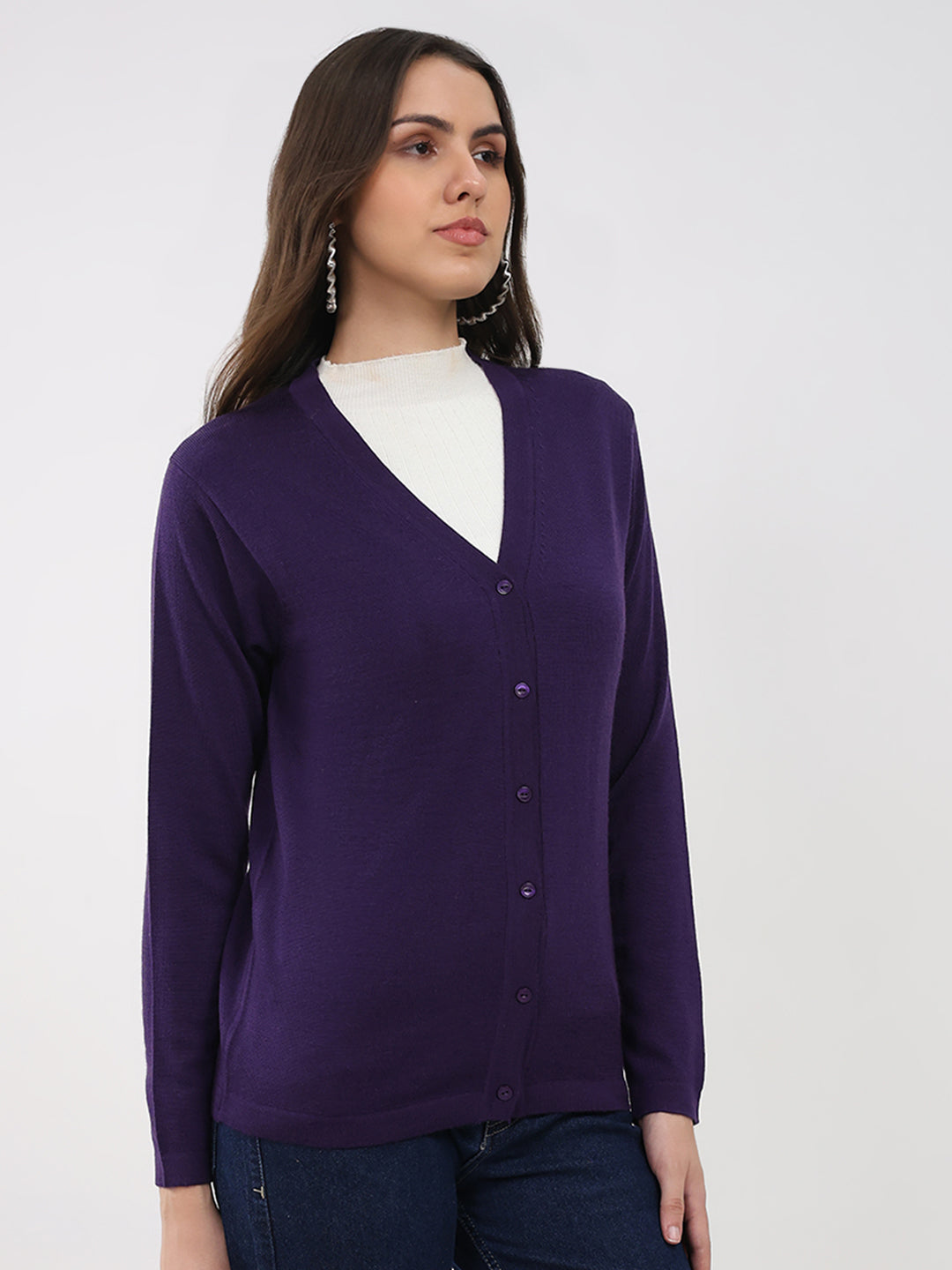 Luxuria Women Purple Solid V Neck Full Sleeve Cardigan