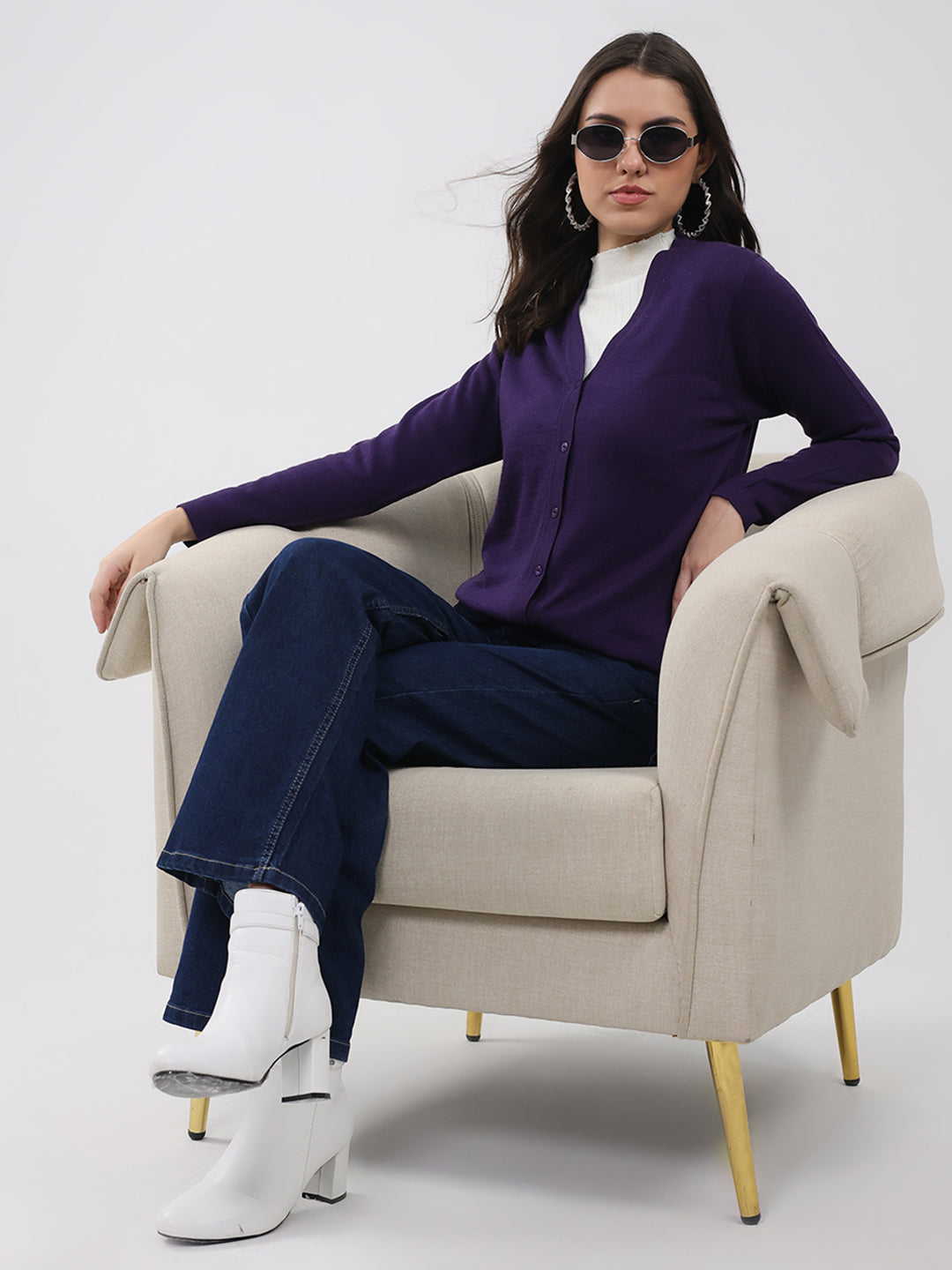 Luxuria Women Purple Solid V Neck Full Sleeve Cardigan