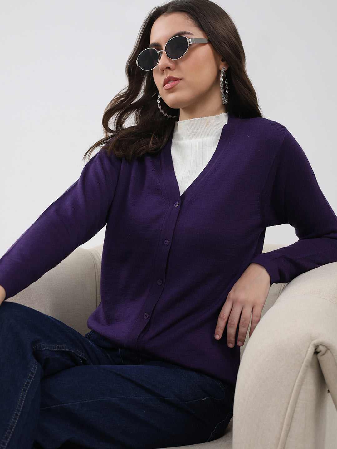 Luxuria Women Purple Solid V Neck Full Sleeve Cardigan