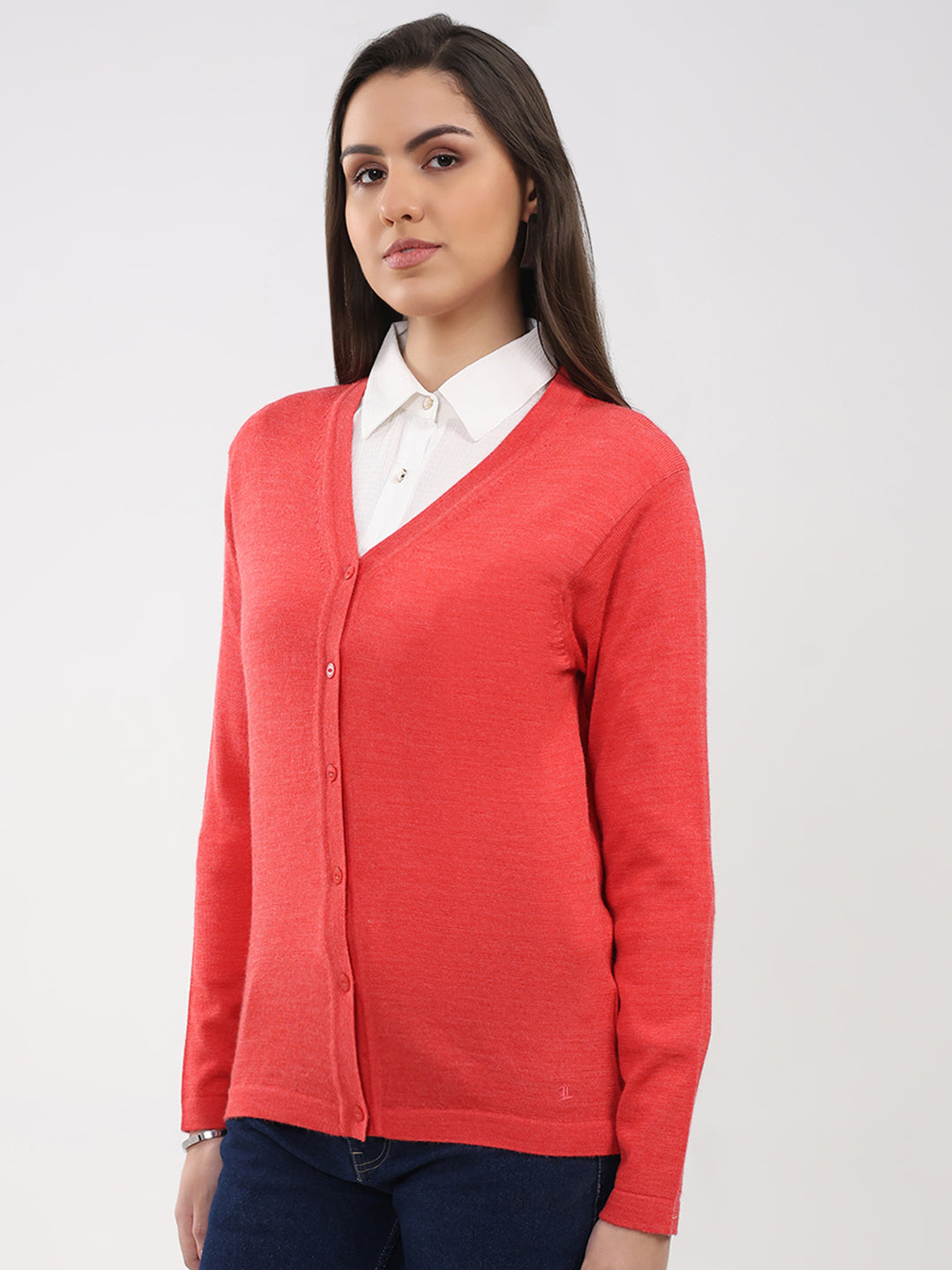 Luxuria Women Pink Solid V Neck Full Sleeve Cardigan