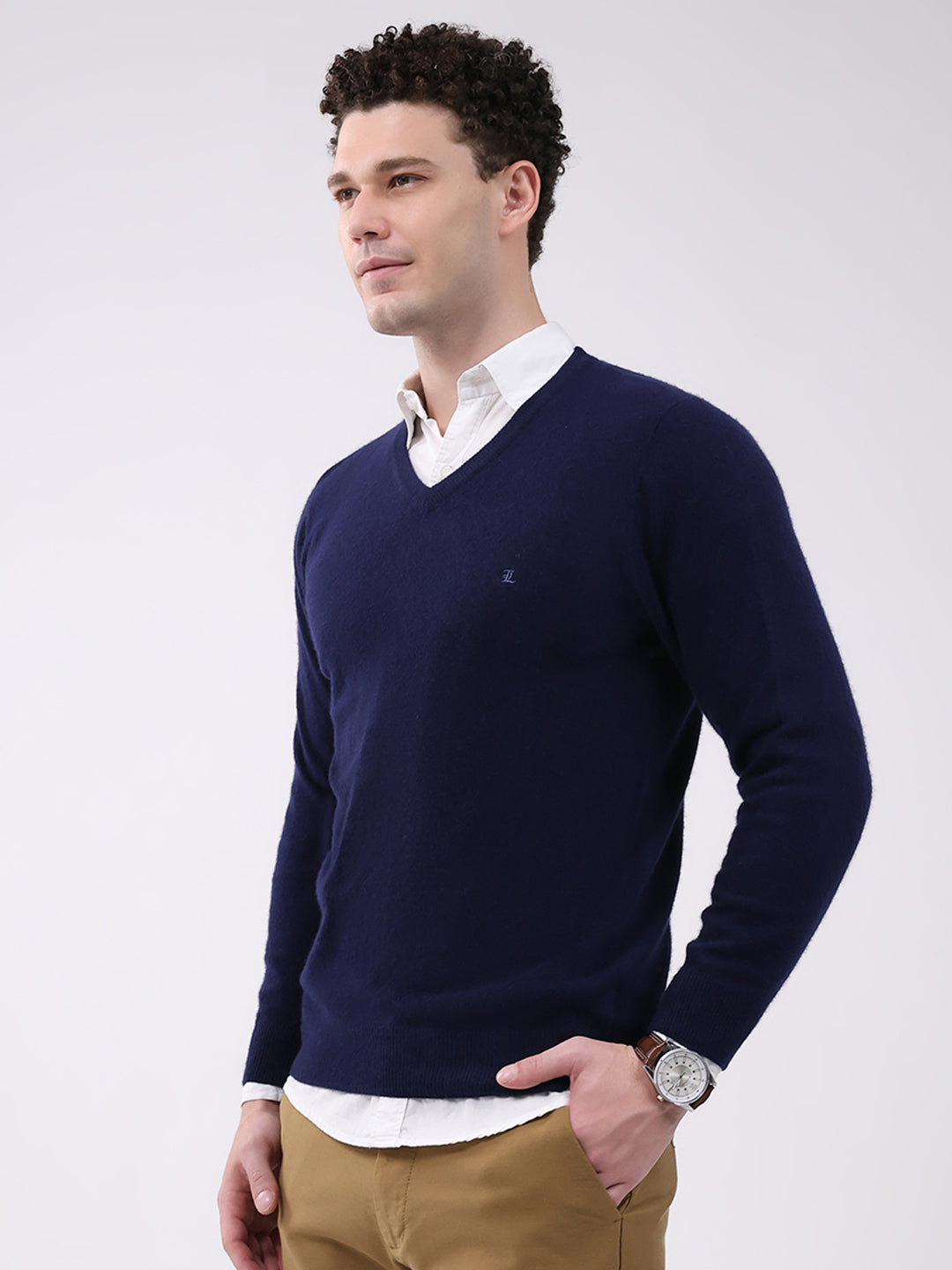 Luxuria Men Navy Blue Solid V Neck Full Sleeve Pullover