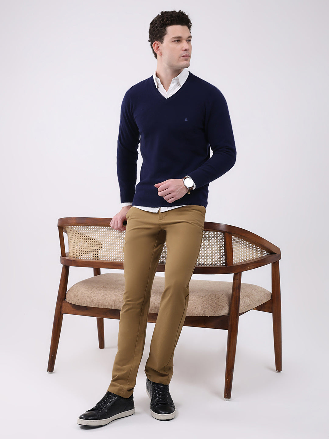 Luxuria Men Navy Blue Solid V Neck Full Sleeve Pullover