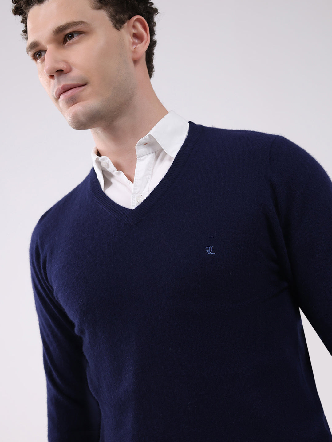 Luxuria Men Navy Blue Solid V Neck Full Sleeve Pullover