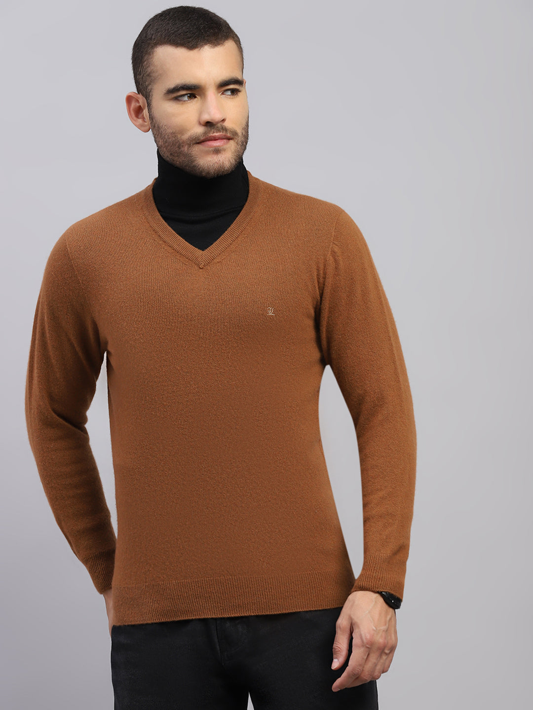 Luxuria Men Brown Solid V Neck Full Sleeve Pullover