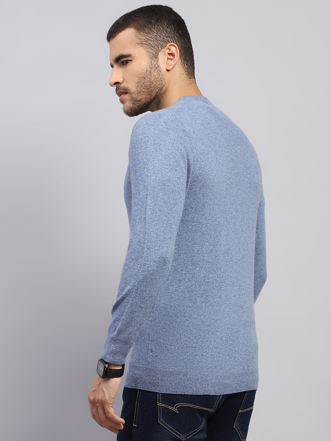 Luxuria Men Blue Solid V Neck Full Sleeve Pullover