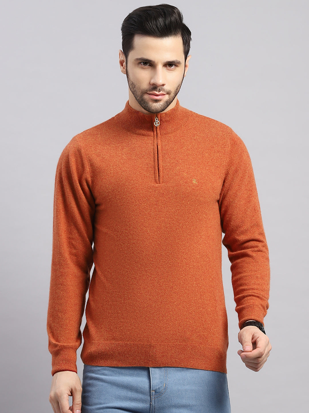 Luxuria Men Rust Solid Collar Full Sleeve Pullover