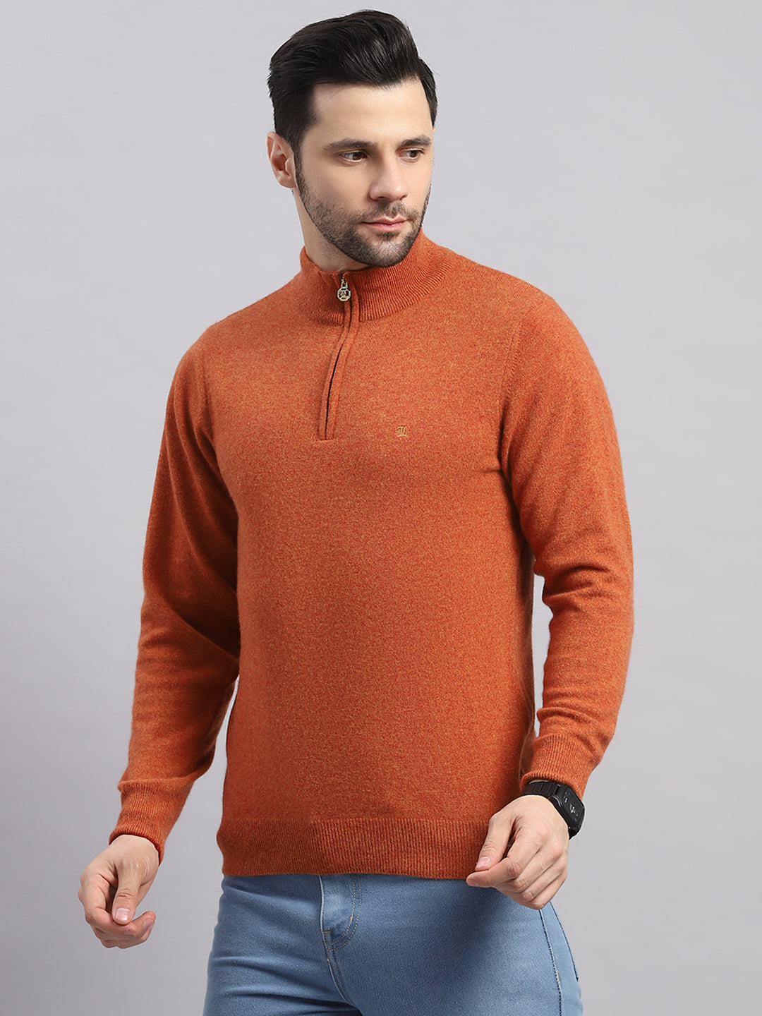 Luxuria Men Rust Solid Collar Full Sleeve Pullover