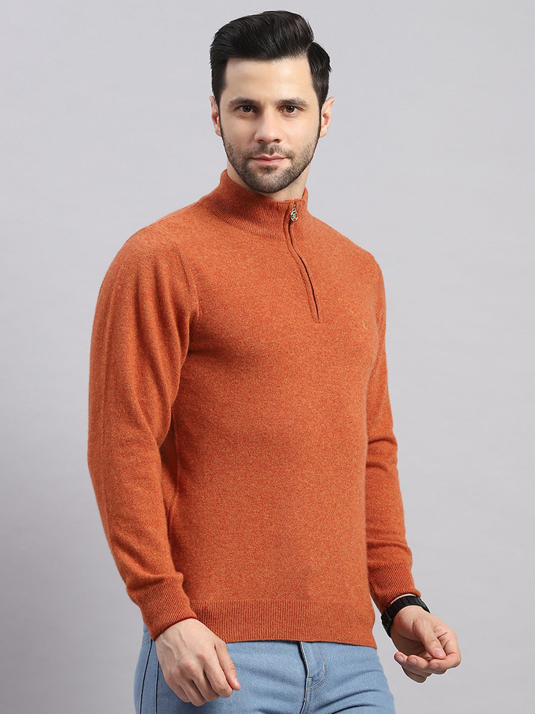 Luxuria Men Rust Solid Collar Full Sleeve Pullover